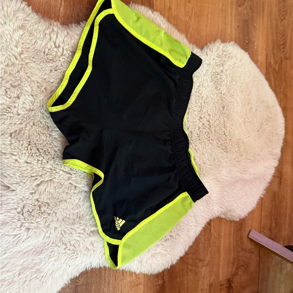Adidas Black and Neon Green Athletic Shorts